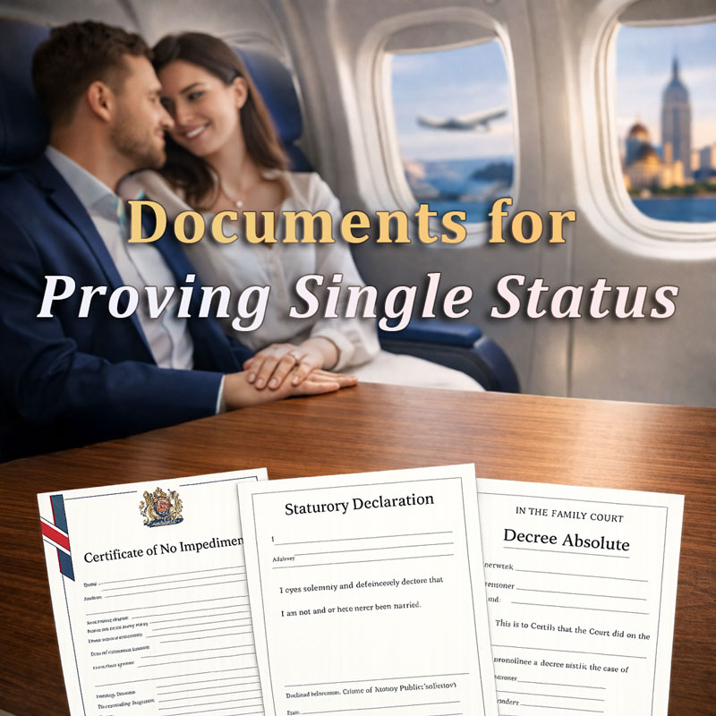 Proving Single status: Certificate of No Impediment, Statutory declaration, decree absolute.