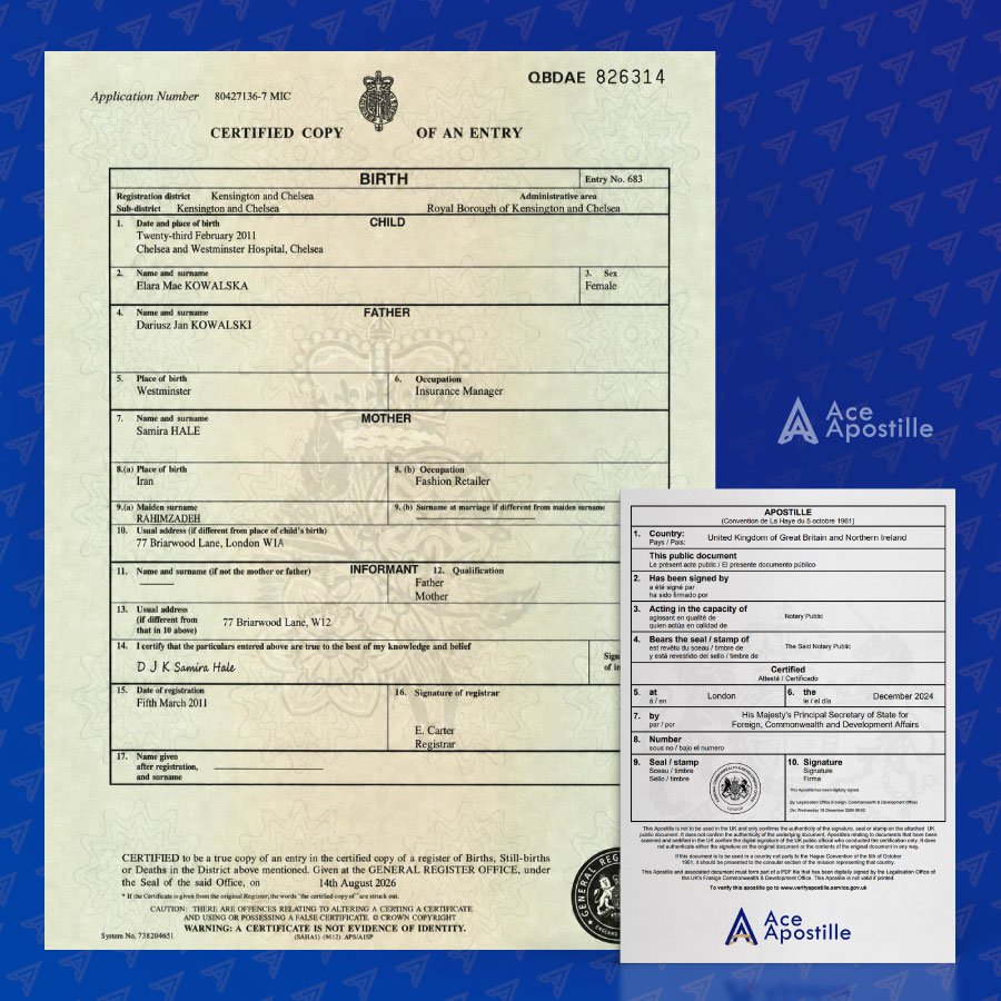 UK Birth Certificate from GRO Example with UK Apostille