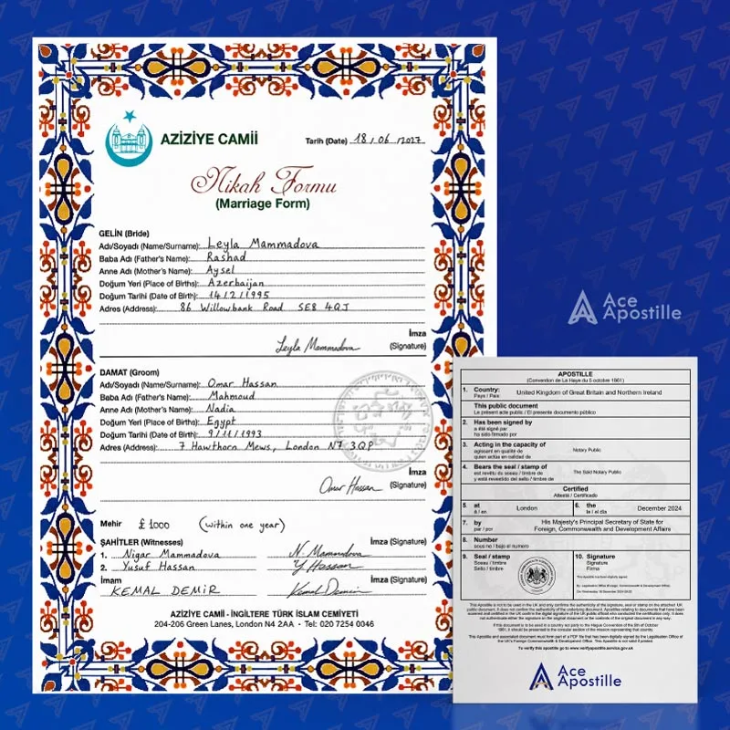 Nikah Islamic Marriage Certificate with UK Hague Apostille