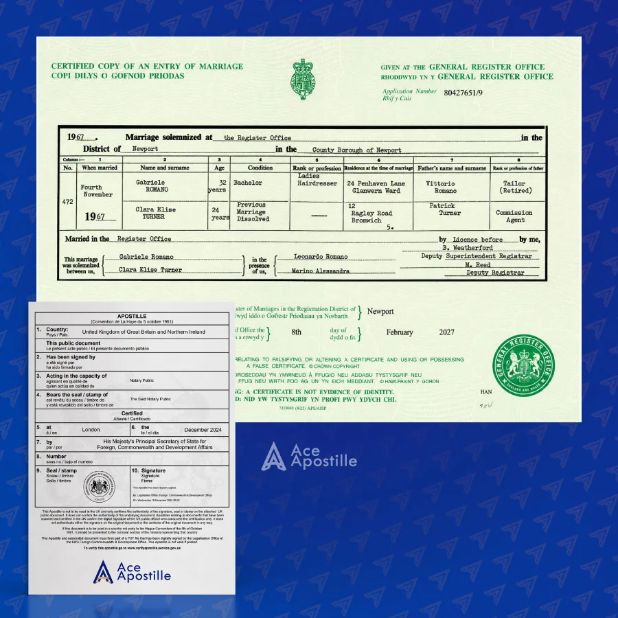 UK Marriage Certificate from GRO Example with UK Apostille